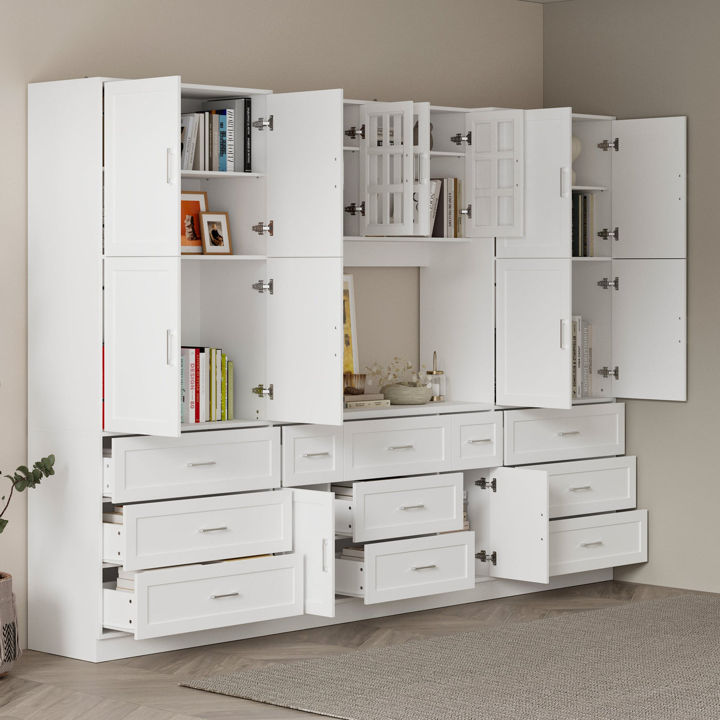 110.2" Modern White Bookcase with 11 Drawers and Glass Doors