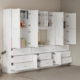 110.2 inch Modern White Bookcase with 11 Drawers and Glass Doors