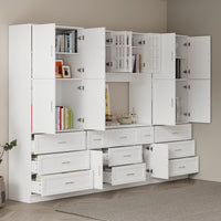 110.2" Modern White Bookcase with 11 Drawers and Glass Doors