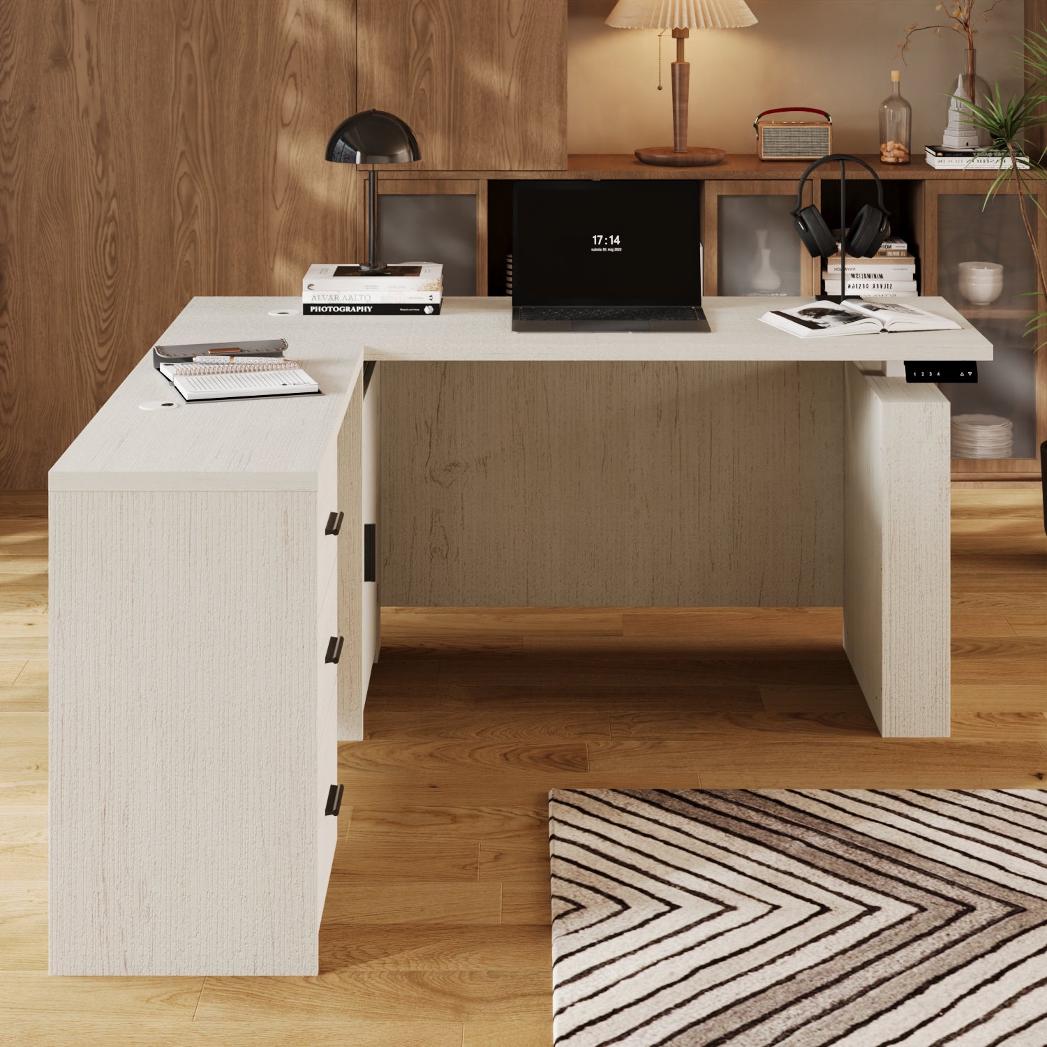 63"W L-Shaped 3-Drawer Lift Computer Desk