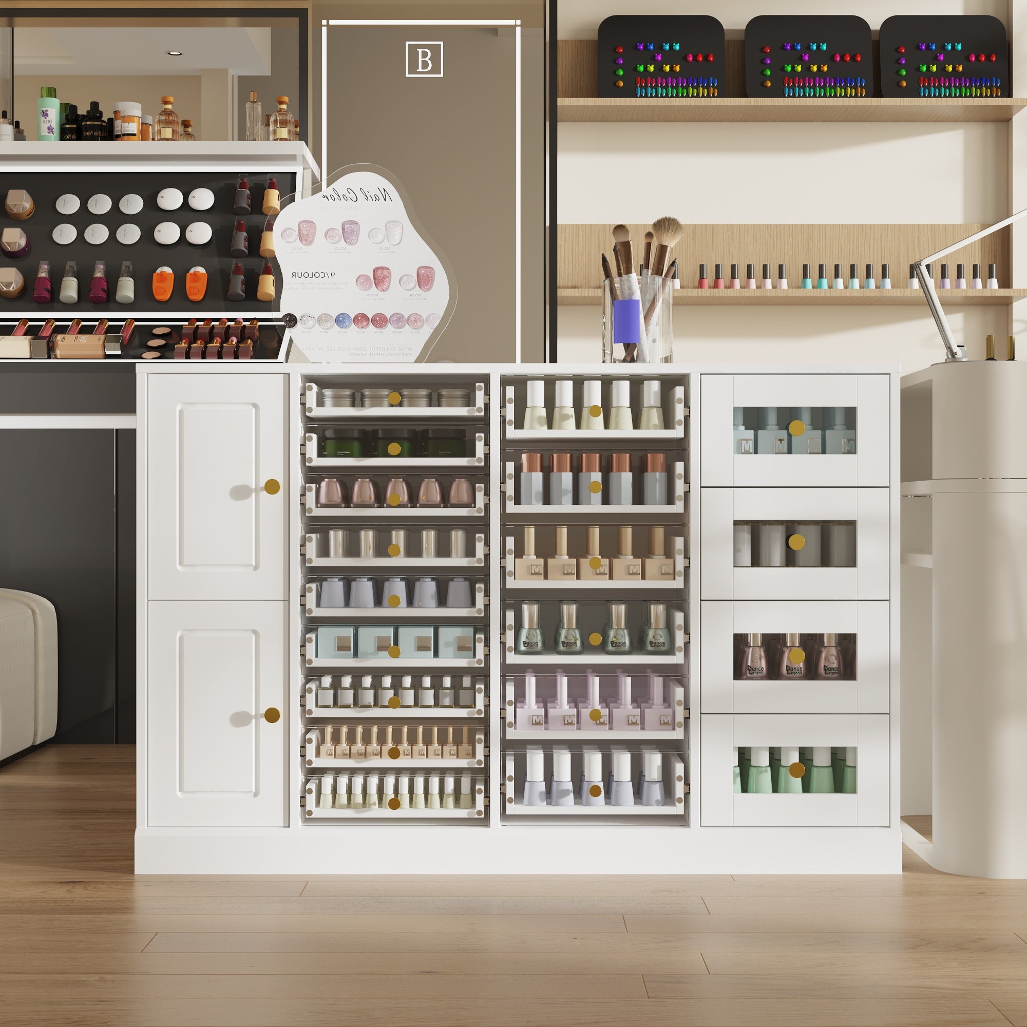 White nail polish storage cabinet with clear drawers, shelves, and side cabinet door