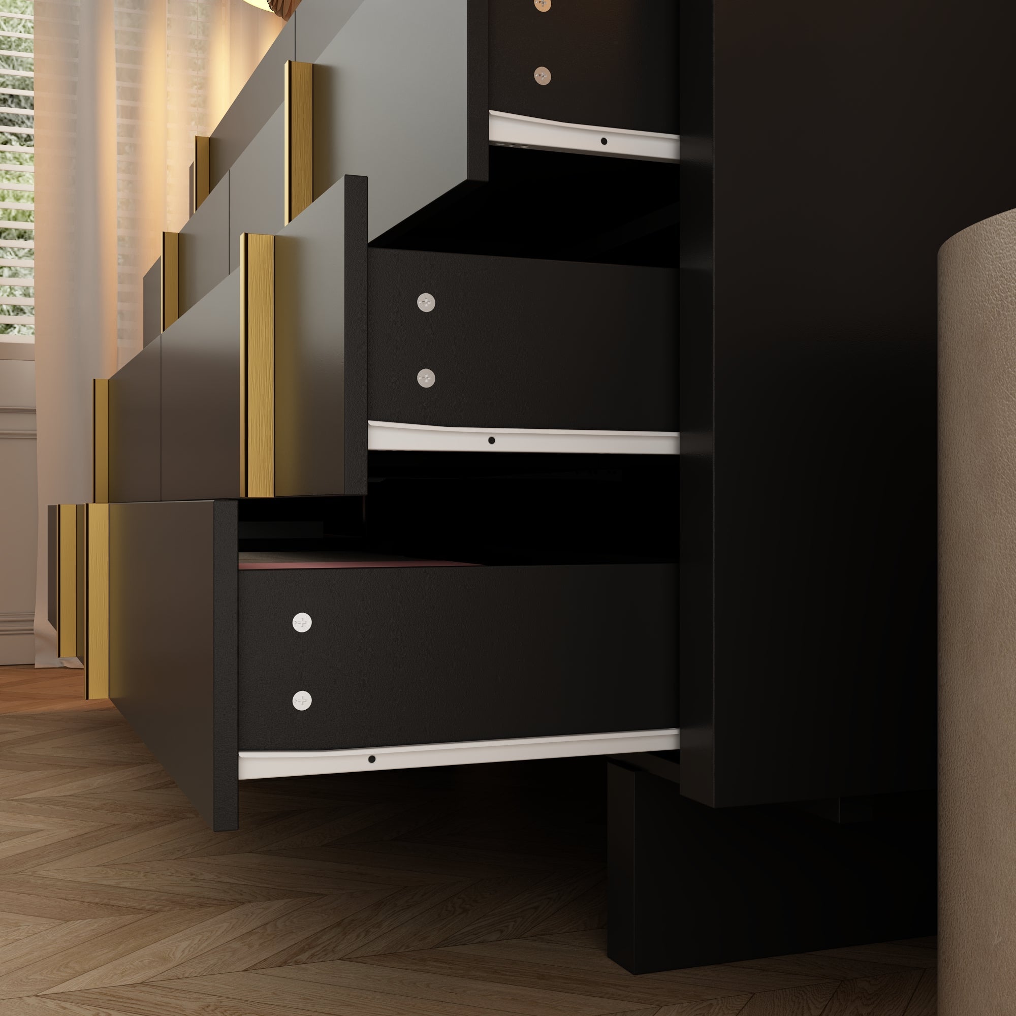 70.9 inches Modern Black Dresser With 8 Drawers And Gold Accents