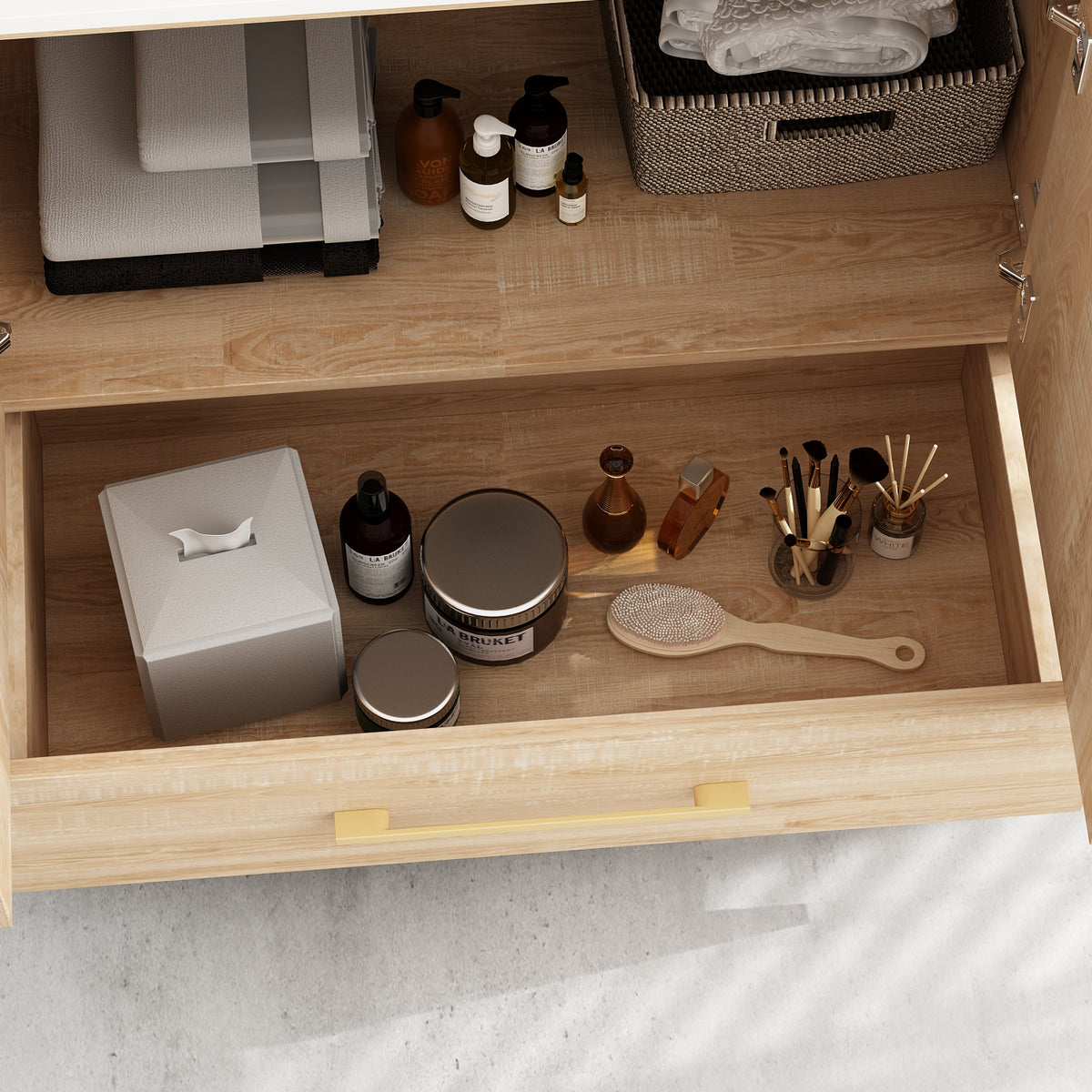 29.9" Modern Oak Bathroom Vanity Cabinet with White Stone Vessel Sink
