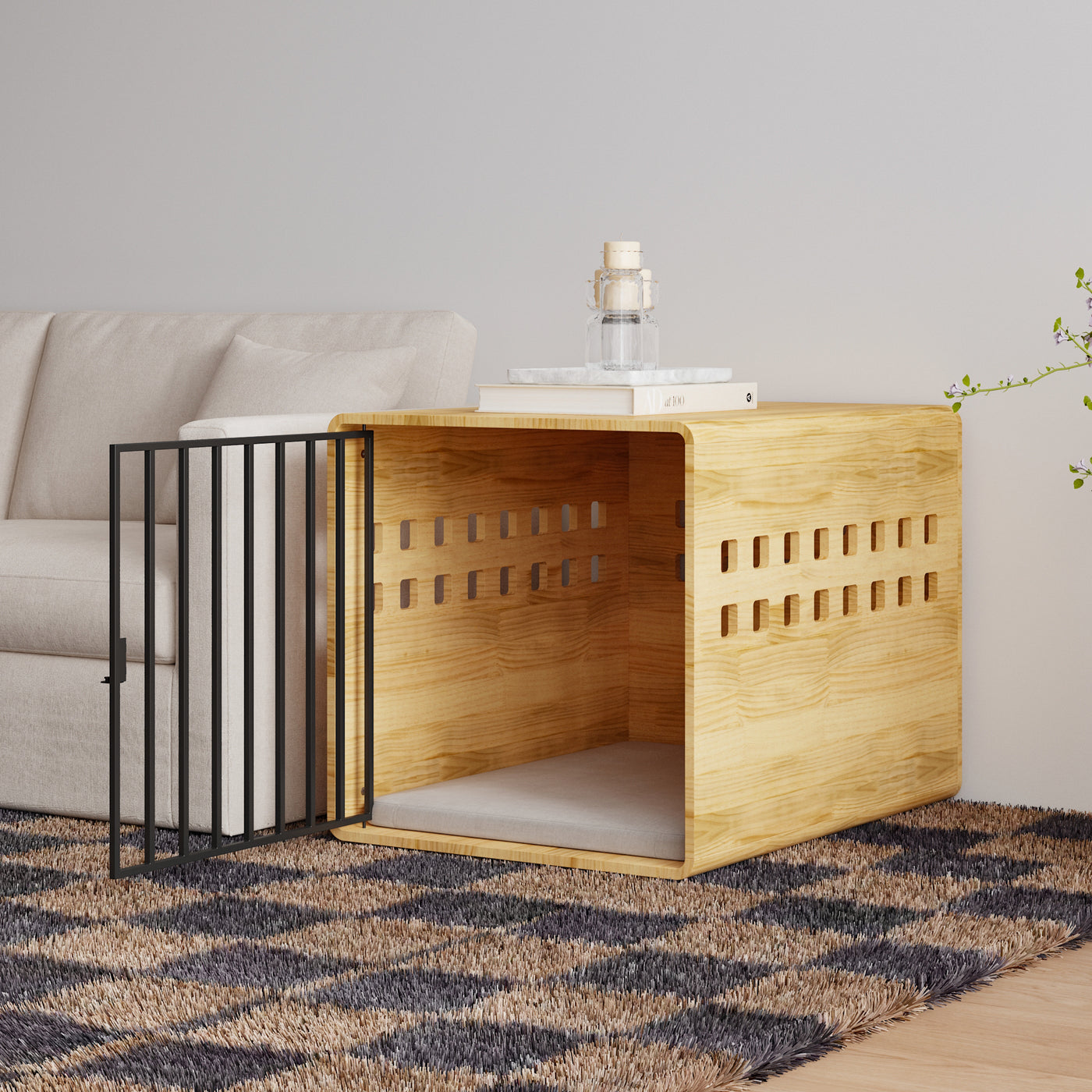 Solid Pine Wood Dog Crate with Stainless Steel Latch