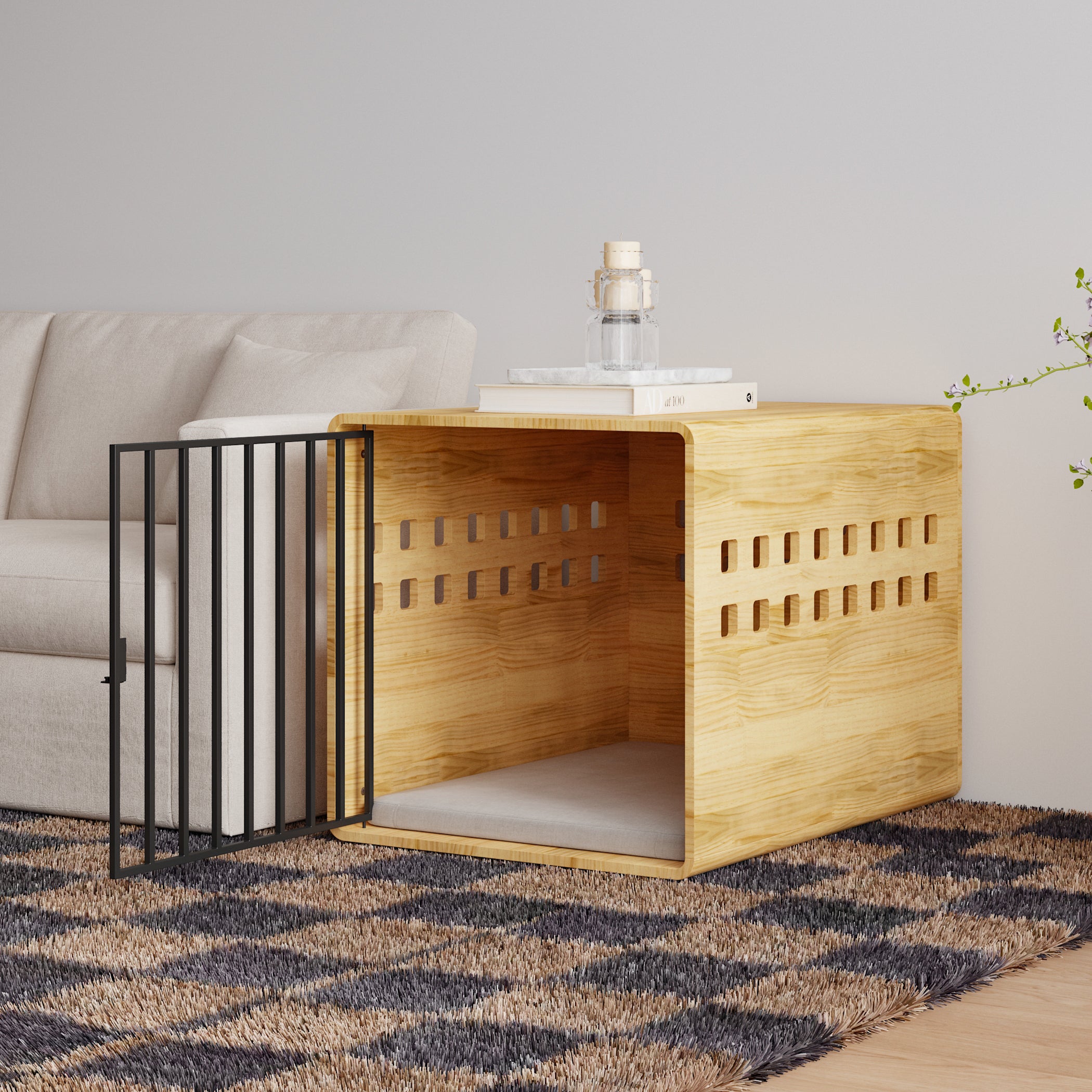 Large Solid Pine Wood Dog Crate With Stainless Steel Latch And Ventilation