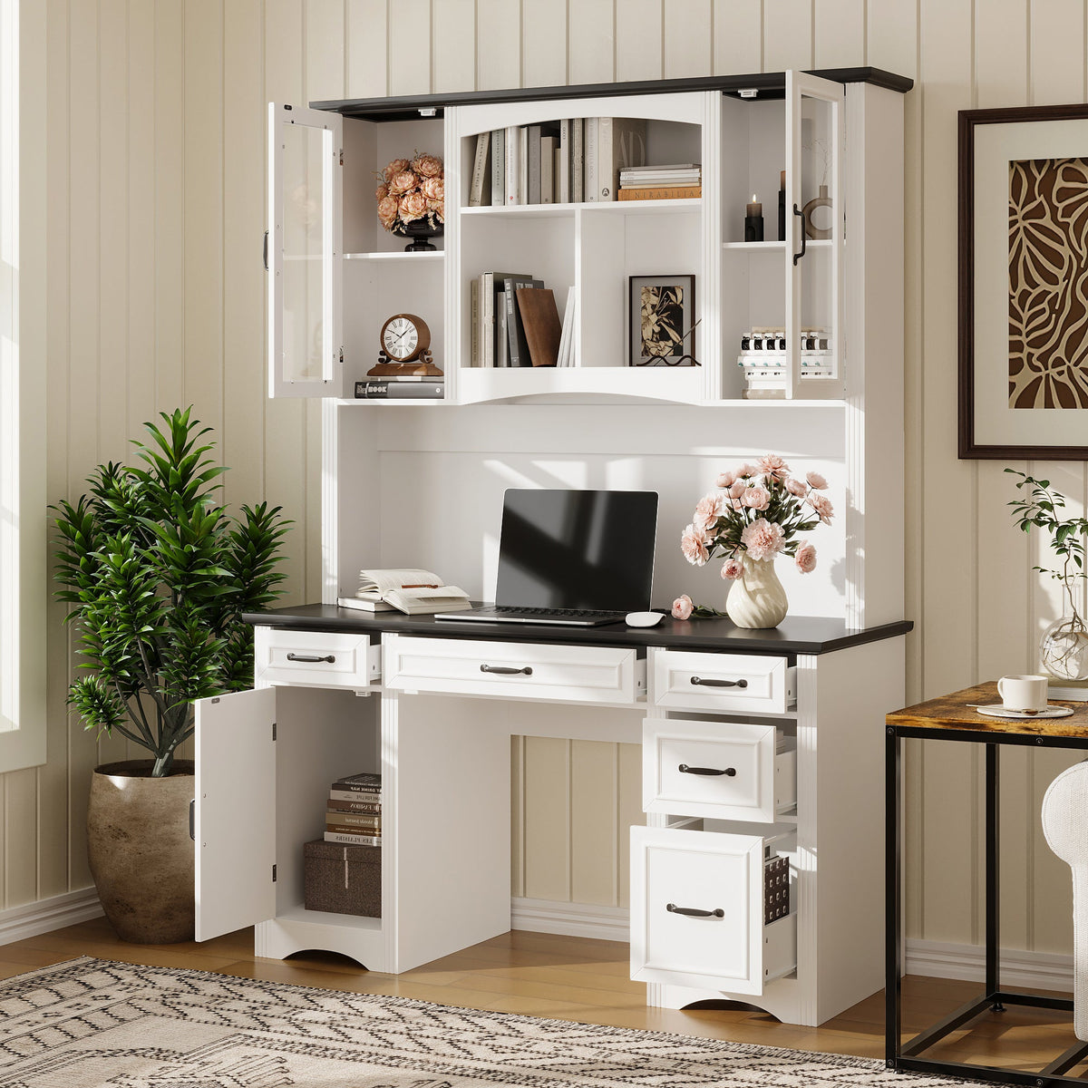 58" Farmhouse White Computer Desk With 6 Drawers, Hutch And Socket