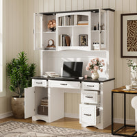 58" Farmhouse White Computer Desk With 6 Drawers, Hutch And Socket