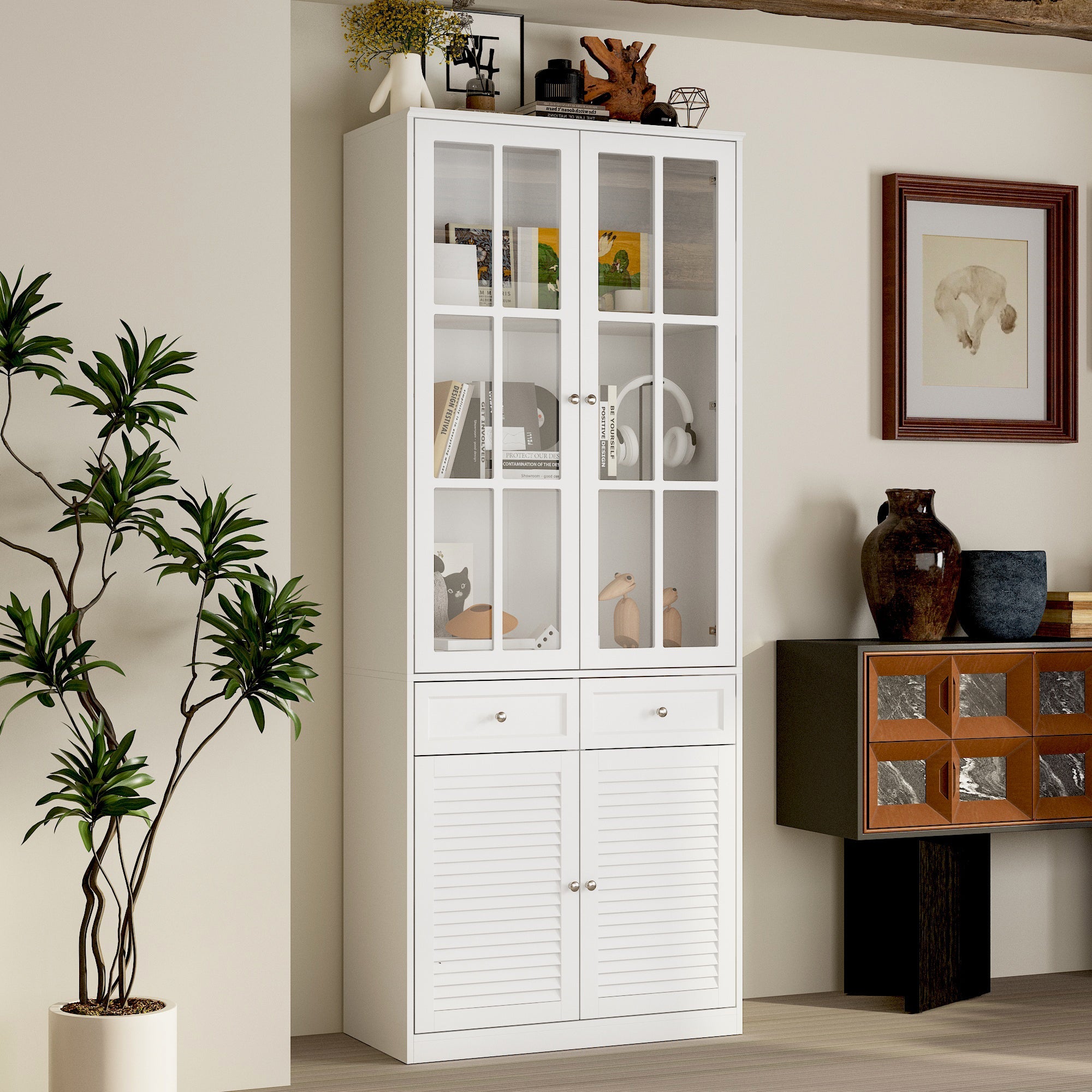 78.7'' H x 31.5'' W Bookcase With Glass Doors And Drawers