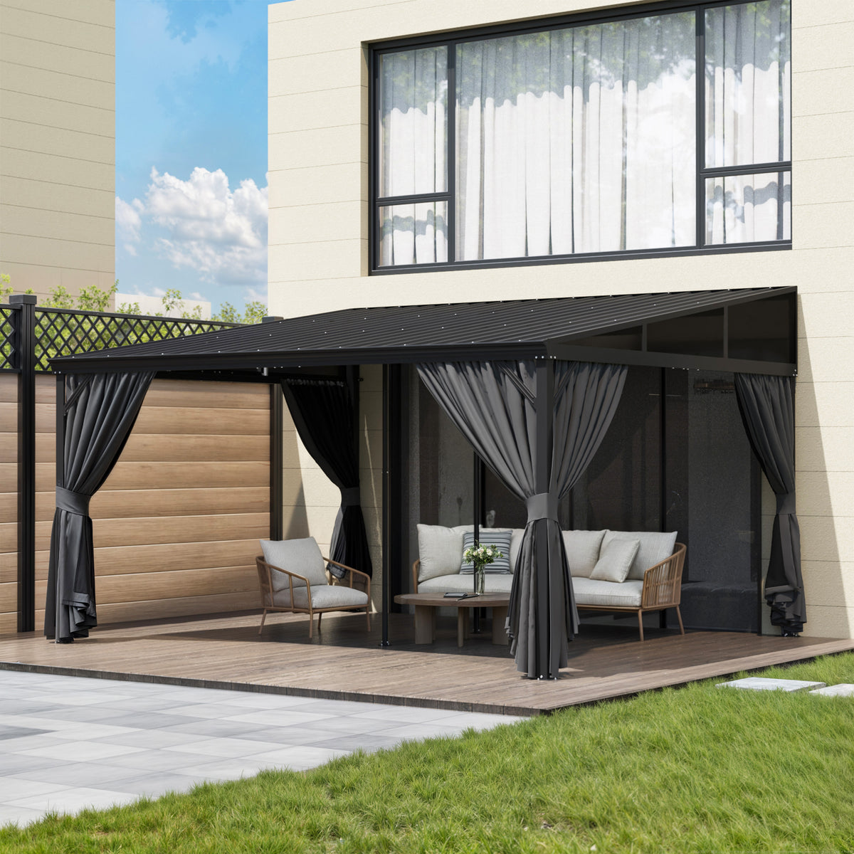 165.7" Modern Black Patio Gazebo with Curtains and Mosquito Net