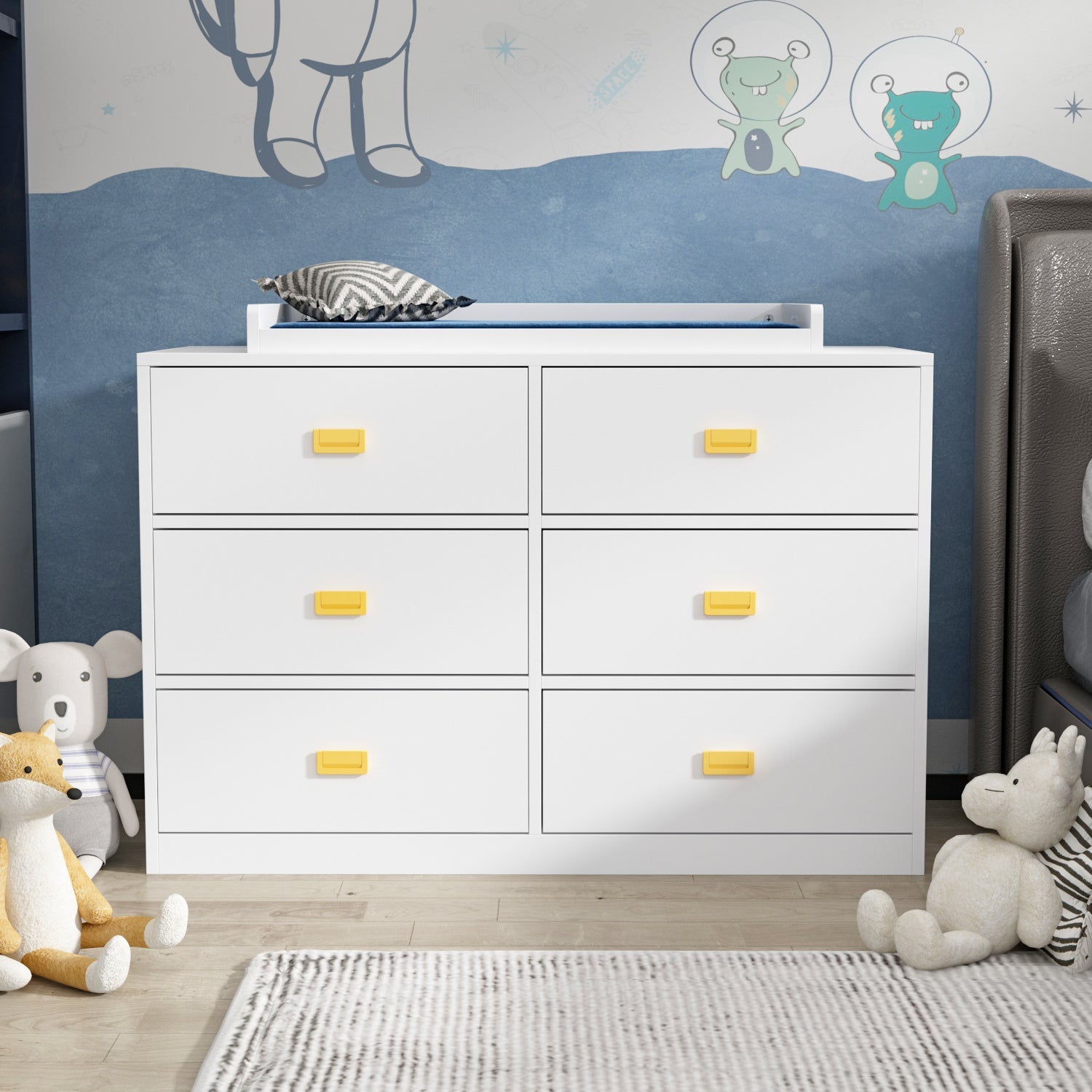 Changing Table Nursery Dresser Nontoxic Sideboard in White Finish with 6 Drawers