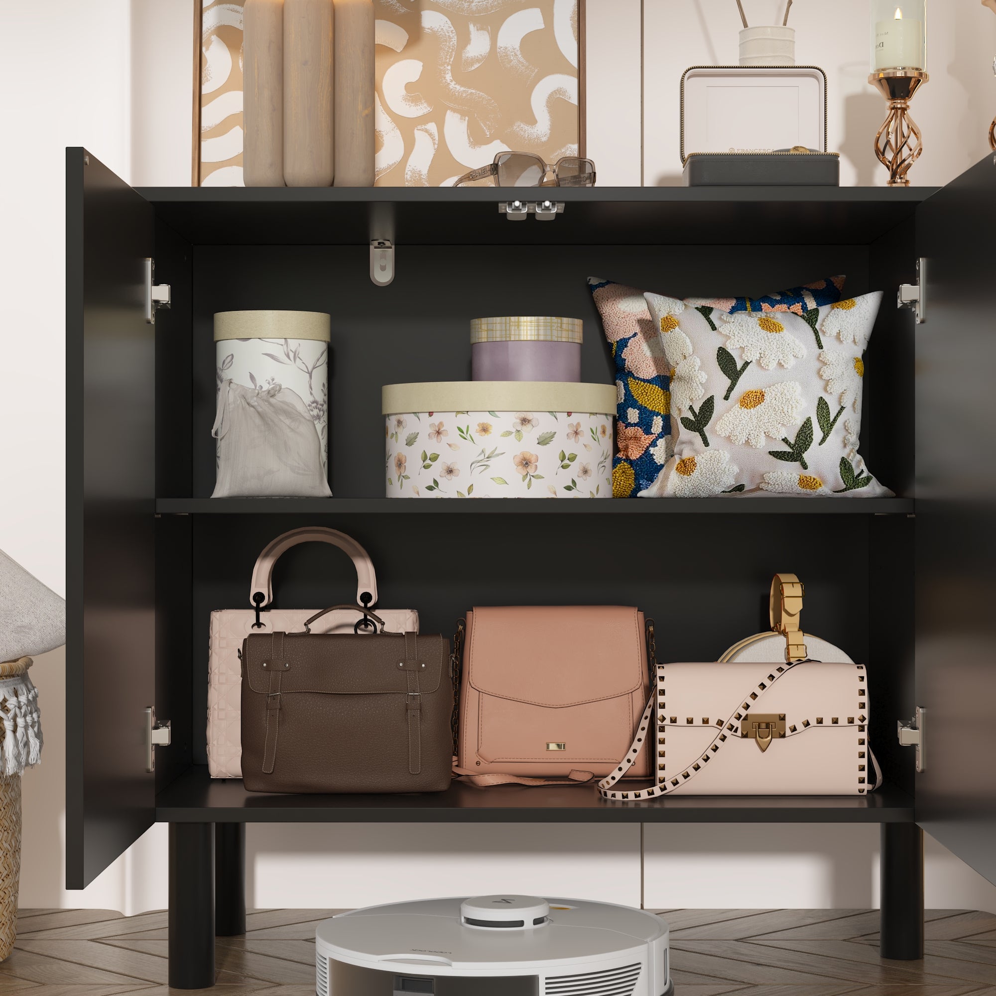 Sideboard Buffet Table Console Table in White Finish 4 U-Shaped Doors