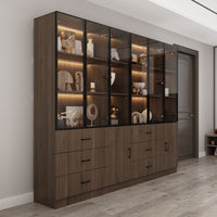 Geyma 94.4" Modern Brown Extra Wide Display Case with LED Lights & 6 Glass Doors