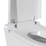 White smart toilet in a modern bathroom with side control knob and ambient light