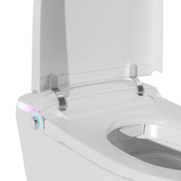 White smart toilet in a modern bathroom with side control knob and ambient light