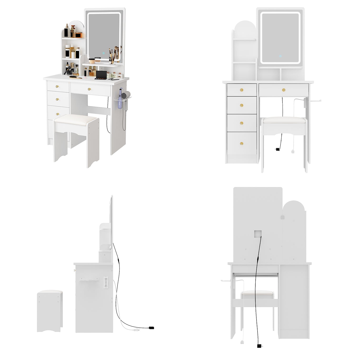 55.1'' H Glam Makeup Vanity Set With Socket , LED Light, Stool