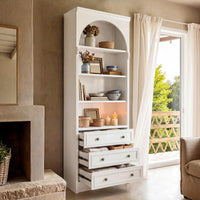 White display cabinet with open shelves, 3 drawers, and labeled dimensions diagram