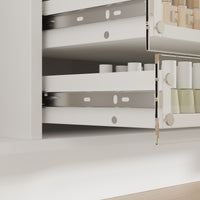 White nail polish storage cabinet with clear drawers, shelves, and side cabinet door