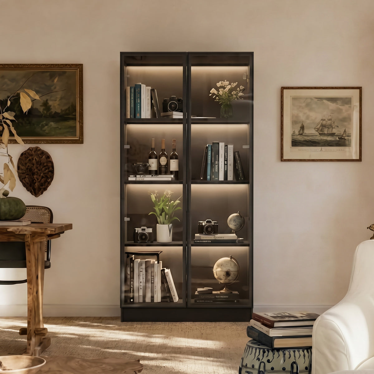 31.5 inches Modern White/Black Display Cabinet Bookcase with Lights and Glass Doors