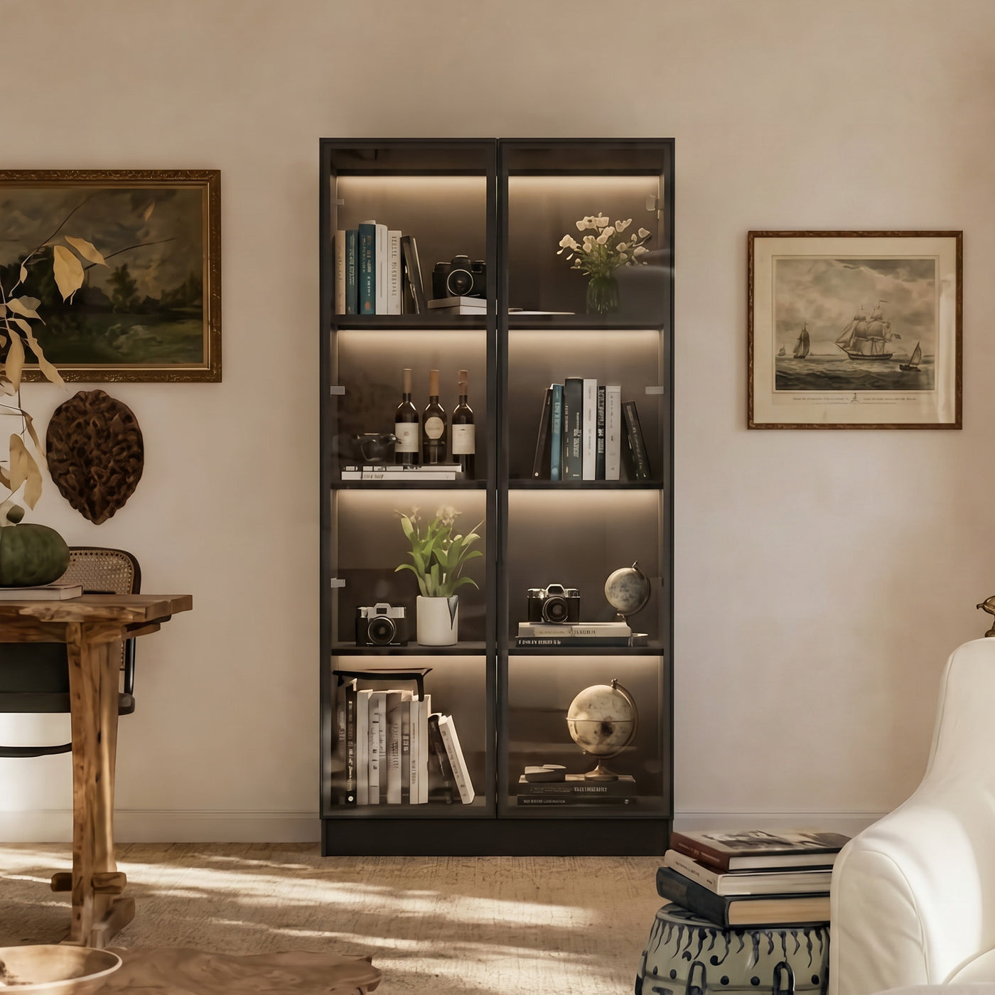 31.5" Modern Black/white 4-Tier Display Cabinet with Lights and Glass Doors