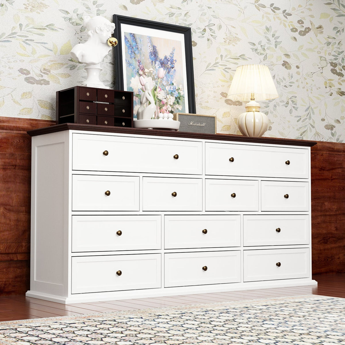 61" Transitional White Rectangular Dresser With 12 Drawers