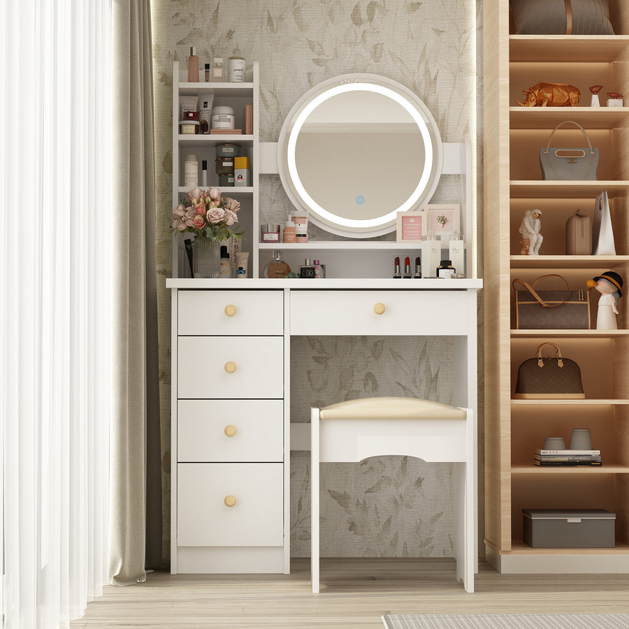31.5" Modern White/Black Makeup Vanity Set with Cushioned Stool, 5 Drawers and Display Shelves