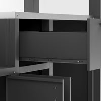 Metallic cabinet with open drawers on a white background