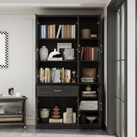 46" Modern Black Display Bookcase with Glass Doors & Drawer
