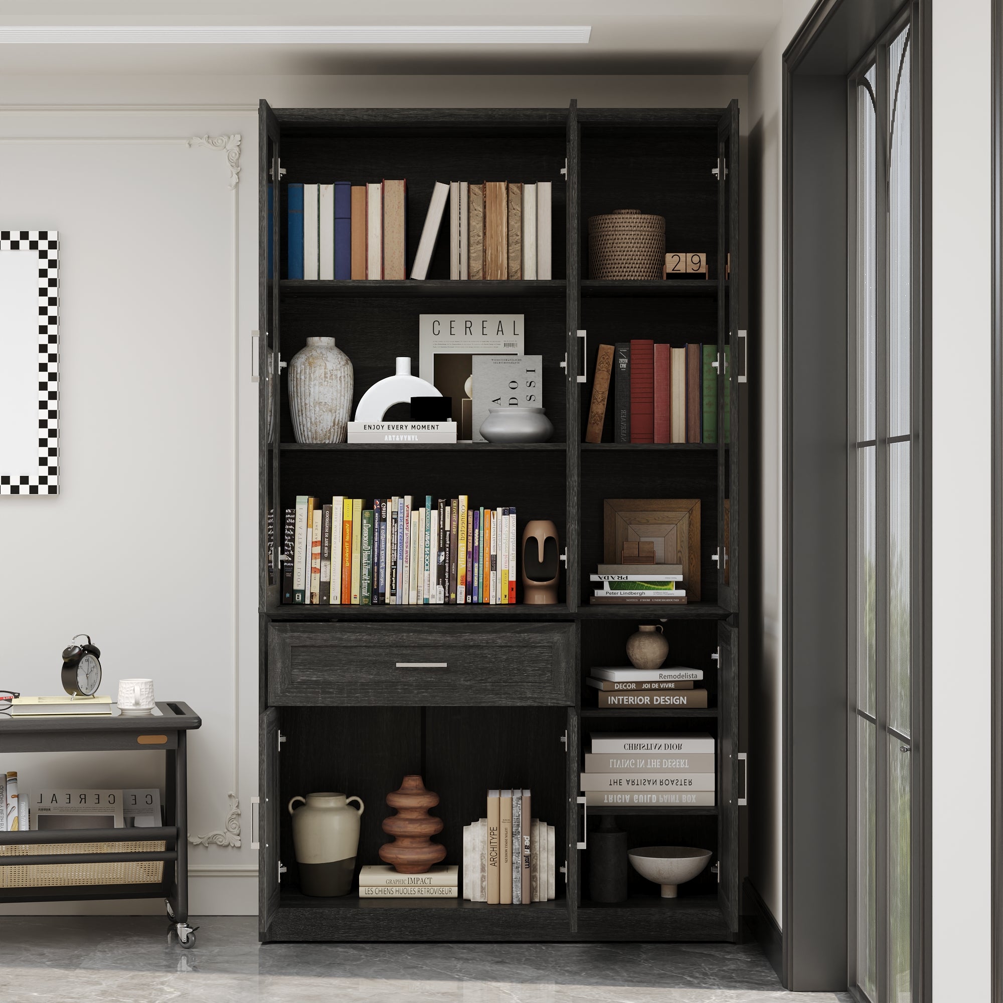 80'' H X 46'' W 6-Tier Bookcase With Glass Doors & Drawer