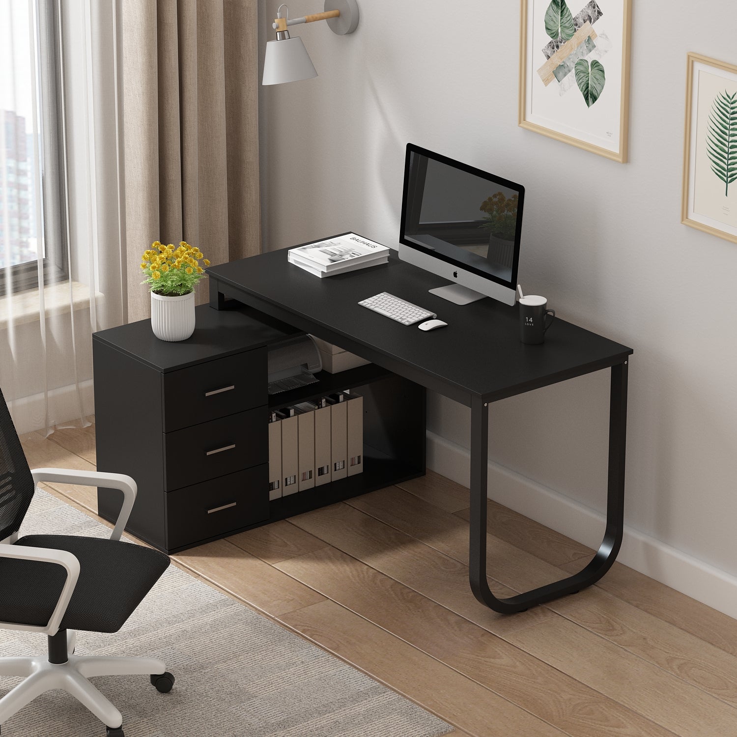 Home Office Computer Desk Corner Desk with 3 Drawers and 2 Shelves, 55 Inch Large L-Shaped Study Writing Table with Storage Cabinet