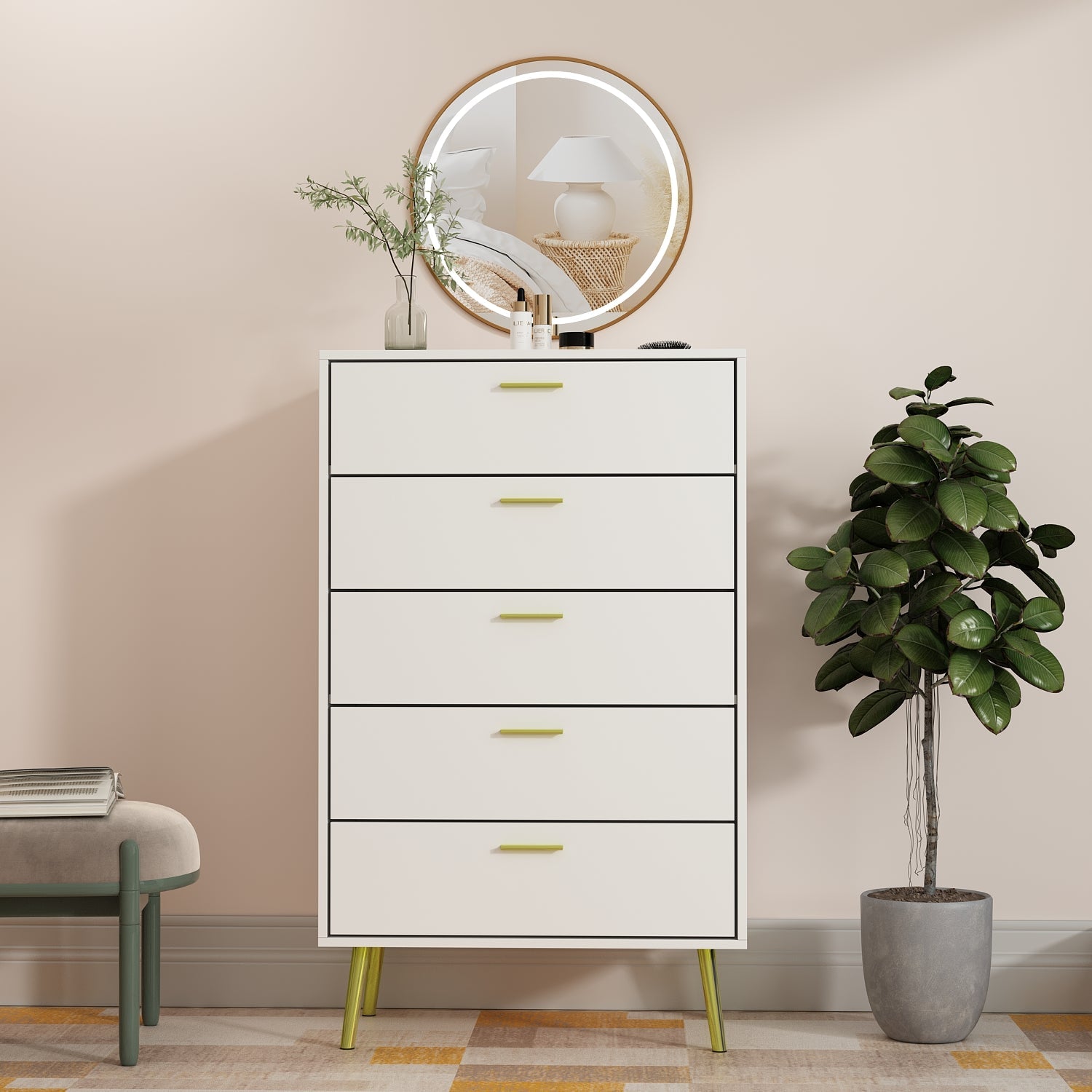 Contemporary Chest Cabinet Versatile Dresser with 5 Large Storage Space Drawers