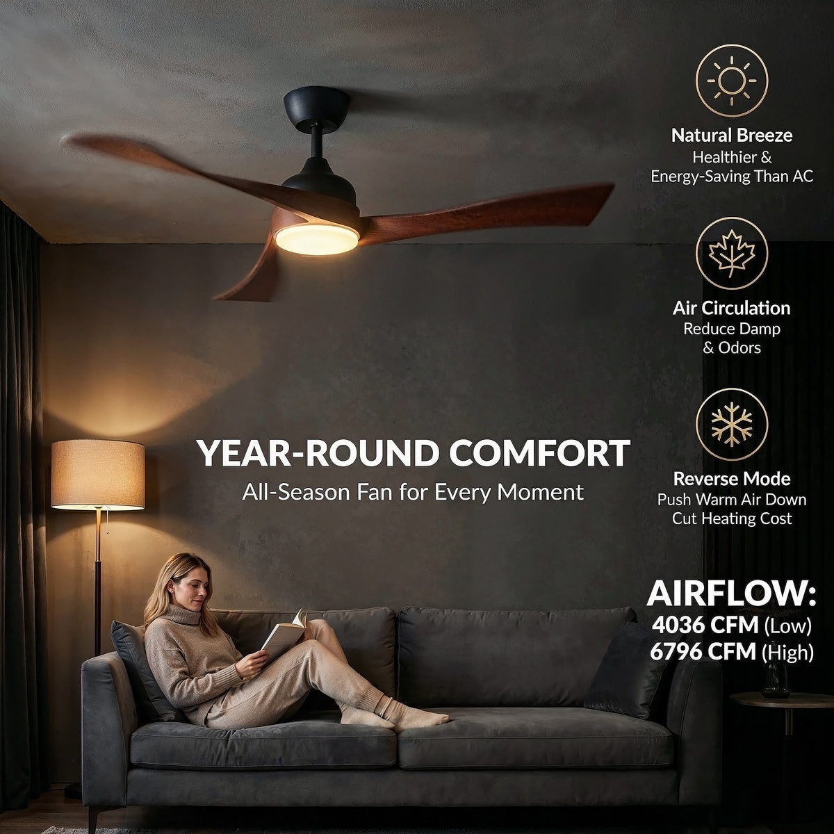 Woman reading a book on a couch with a ceiling fan above, featuring text about year-round comfort and fan features.