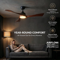 Woman reading a book on a couch with a ceiling fan above, featuring text about year-round comfort and fan features.