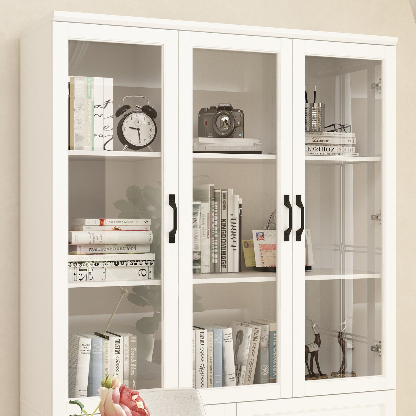 Vila 47" Classic White Display Cabinet & Bookcase with 2 Drawers and Glass Doors