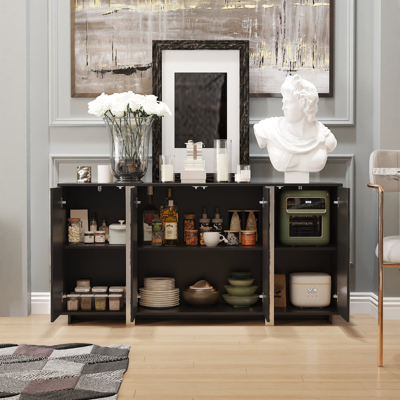 63" Modern Industrial Accent Cabinet With Stone-Patterned Glass Doors