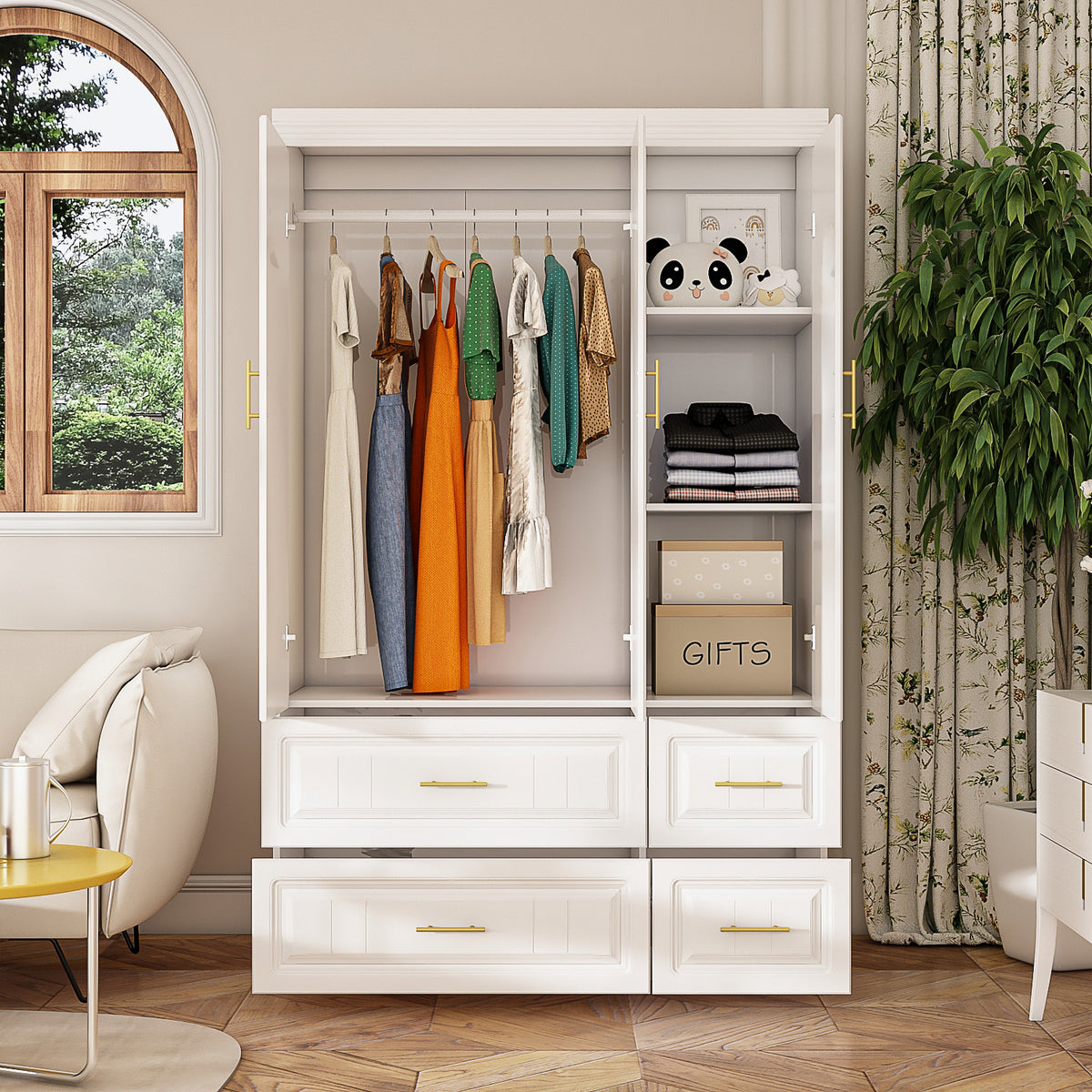 White wardrobe with gold handles in a modern bedroom setting
