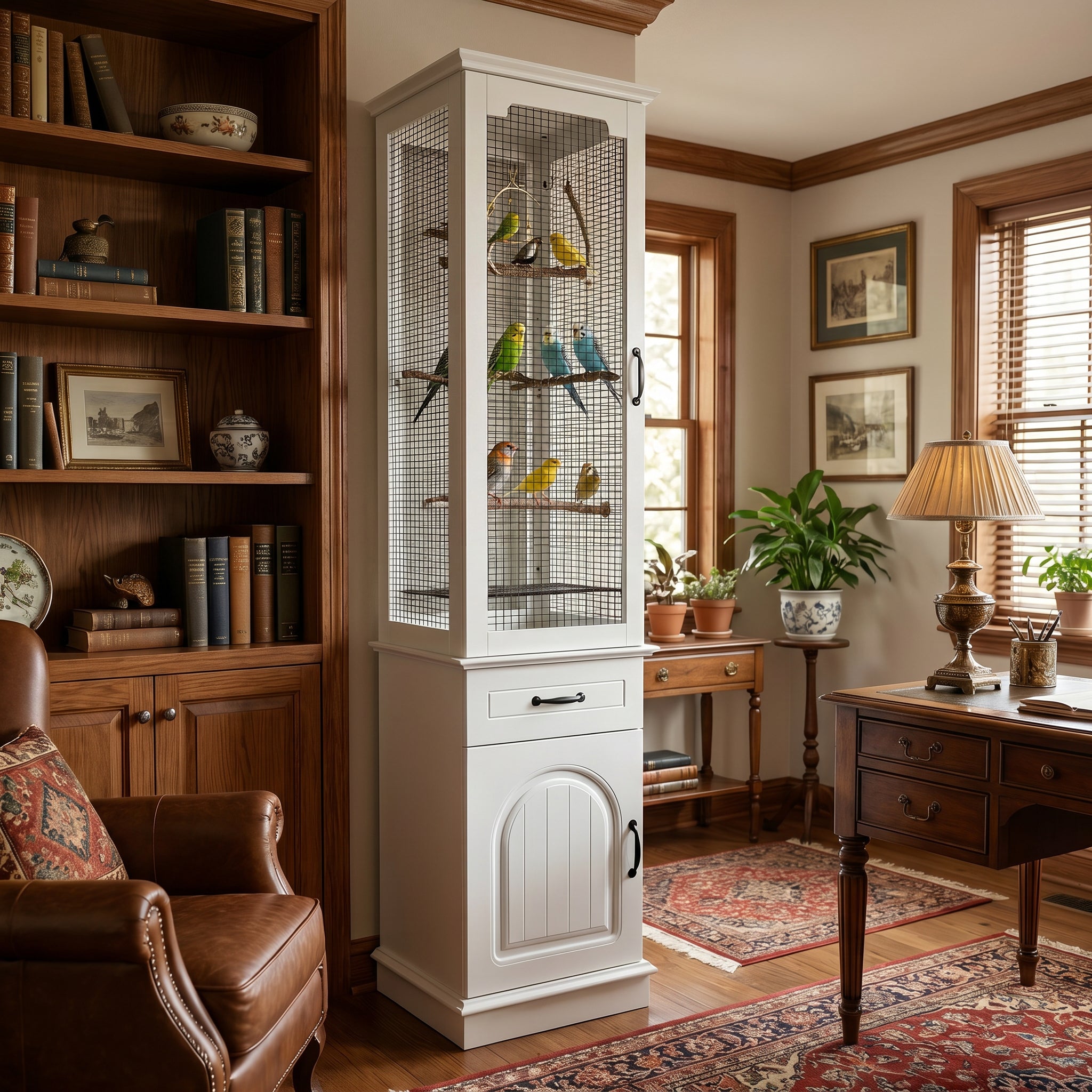 Living room with a white birdcage, wooden furniture, and decorative elements.