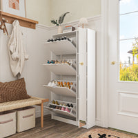 31.5" Modern White Flip-Down Shoe Cabinet with 3 Tiers & 28 Pair Capacity