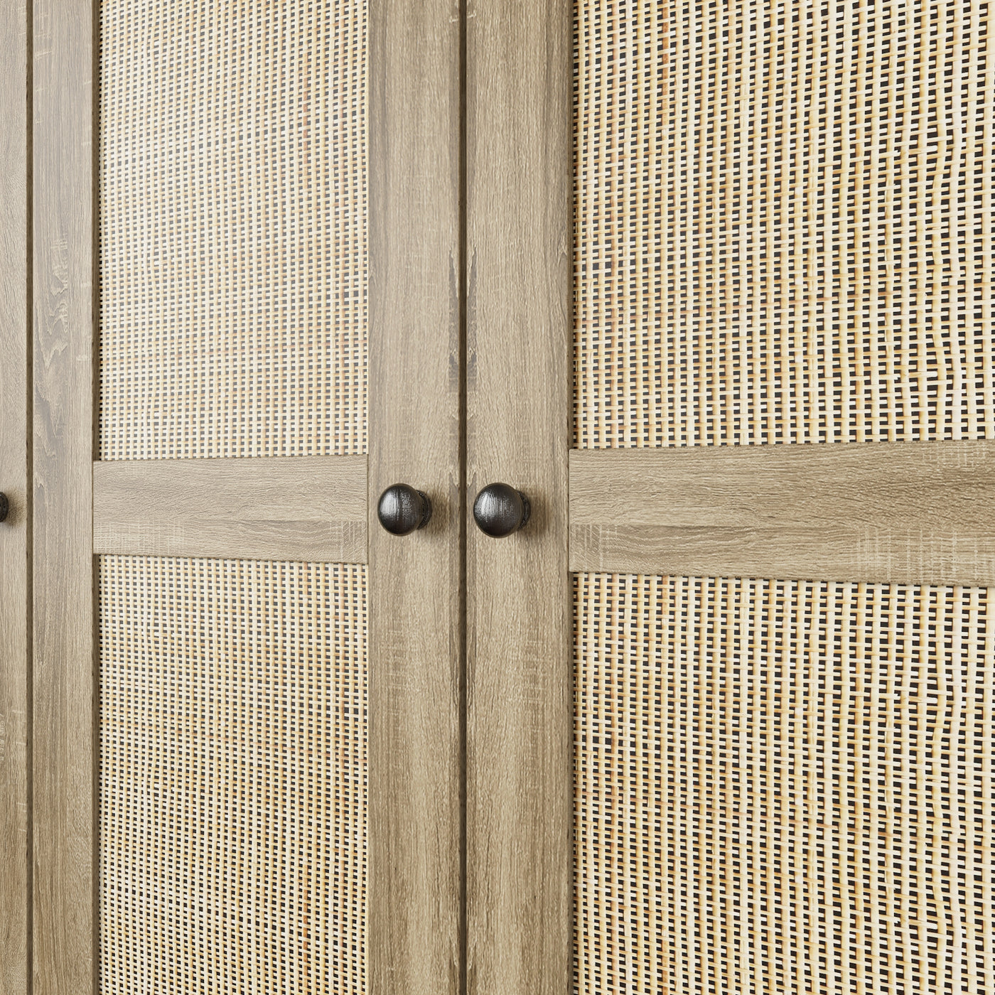 63" Rustic 4-Door Wardrobe Armoire with Rattan Paneling, 6 Drawers & 2 Hanging Rods