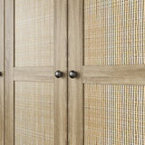 63 inch Rustic 4-Door Wardrobe Armoire with Rattan Paneling, 6 Drawers & 2 Hanging Rods