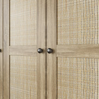 63" Rustic 4-Door Wardrobe Armoire with Rattan Paneling, 6 Drawers & 2 Hanging Rods