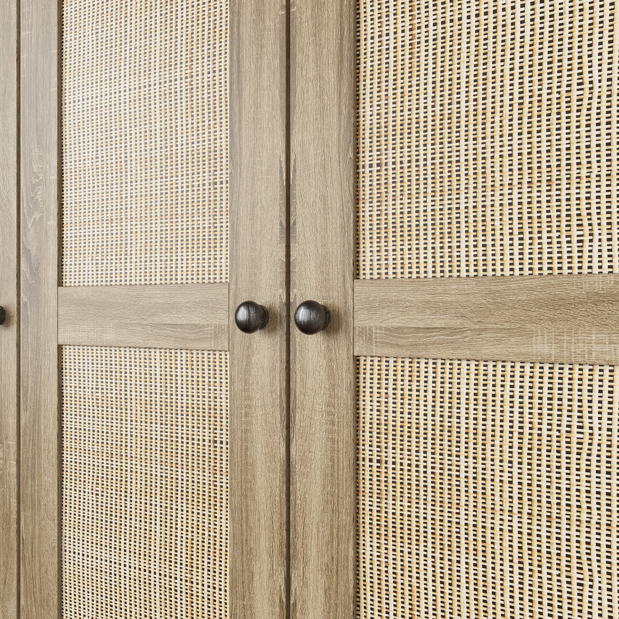 Rustic Four-Door Wardrobe With Rattan Paneling And Six-Drawer Storage