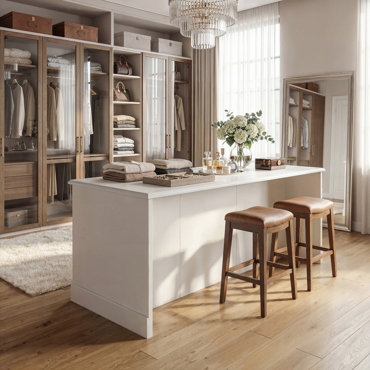 White kitchen island with glass cabinet doors, open shelves, and center drawers