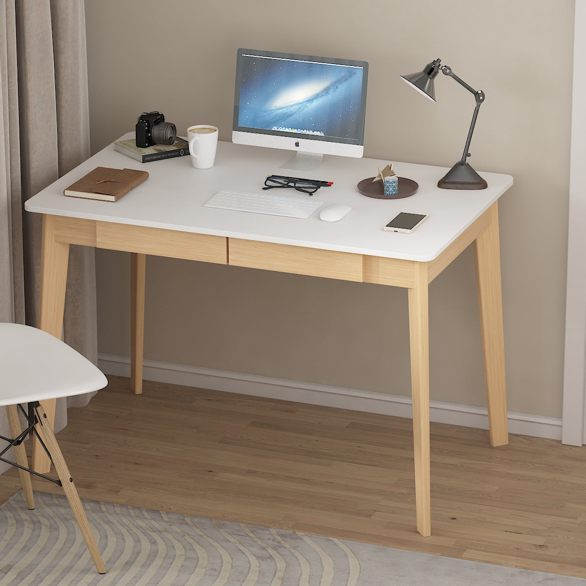 Wooden Minimalist Writing Desk White Study Table for Office 39.4"W