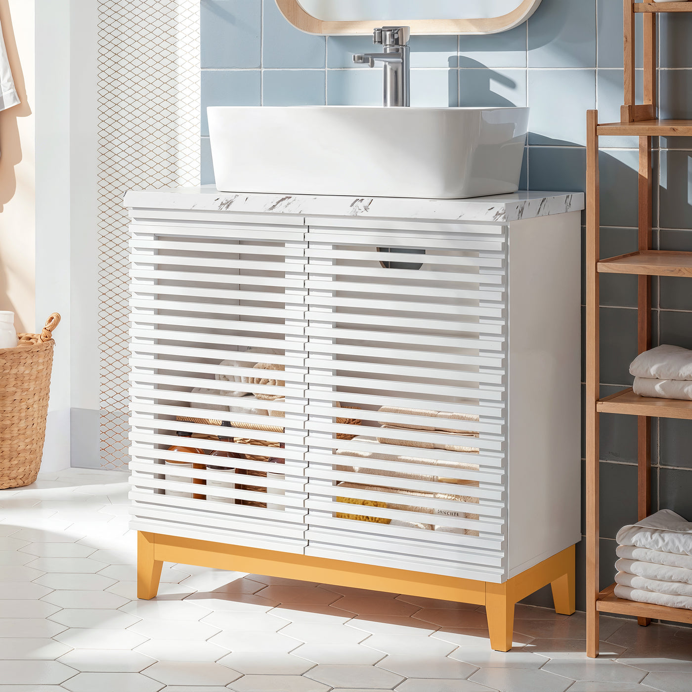 31.3" White Engineered Wood Bathroom Vanity with Louvered Doors, Solid Wood Legs & Cultured Stone Vessel Sink