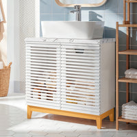 31.3" White Engineered Wood Bathroom Vanity with Louvered Doors, Solid Wood Legs & Cultured Stone Vessel Sink