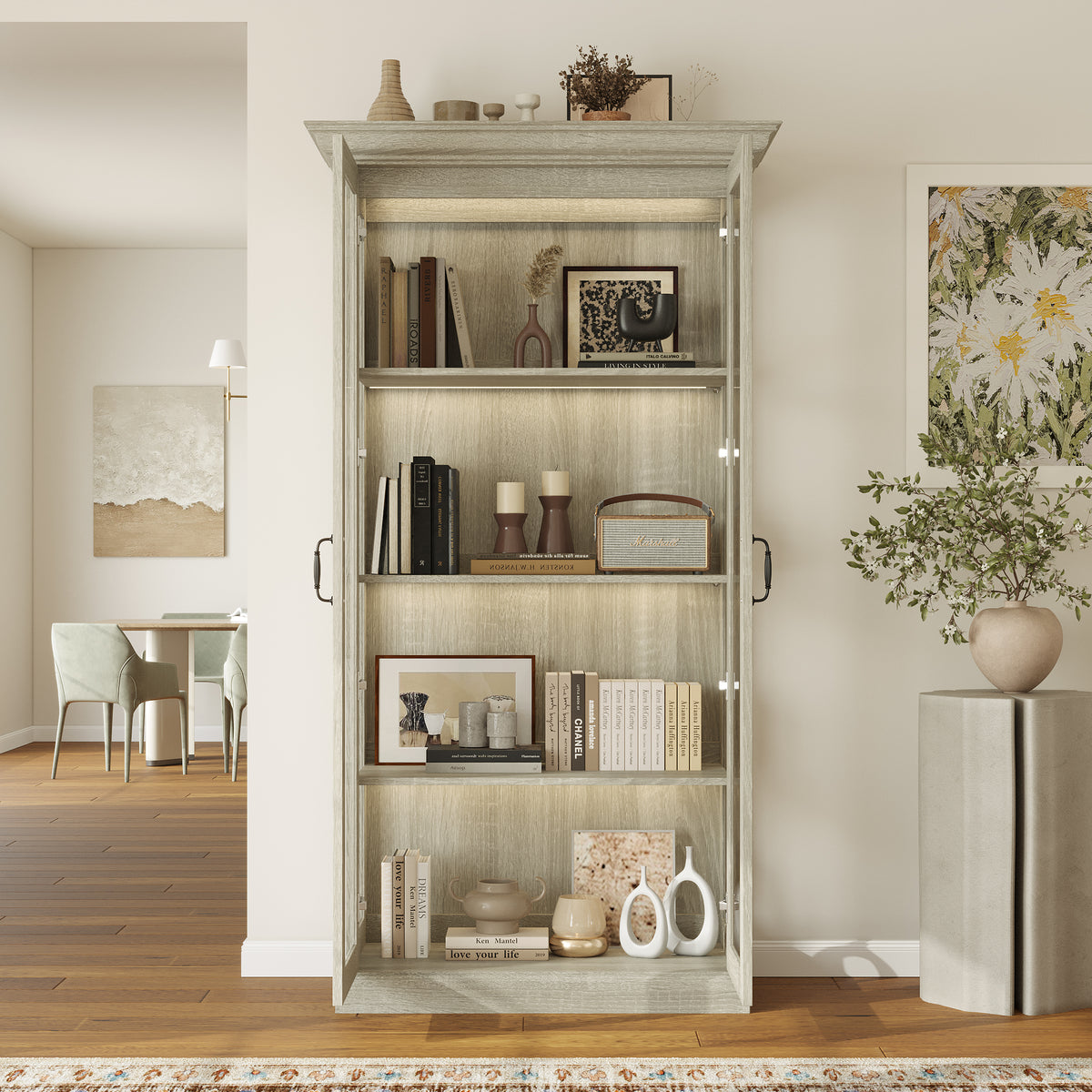 37 inches 4-Tier Display Bookcase With Glass Door And Light