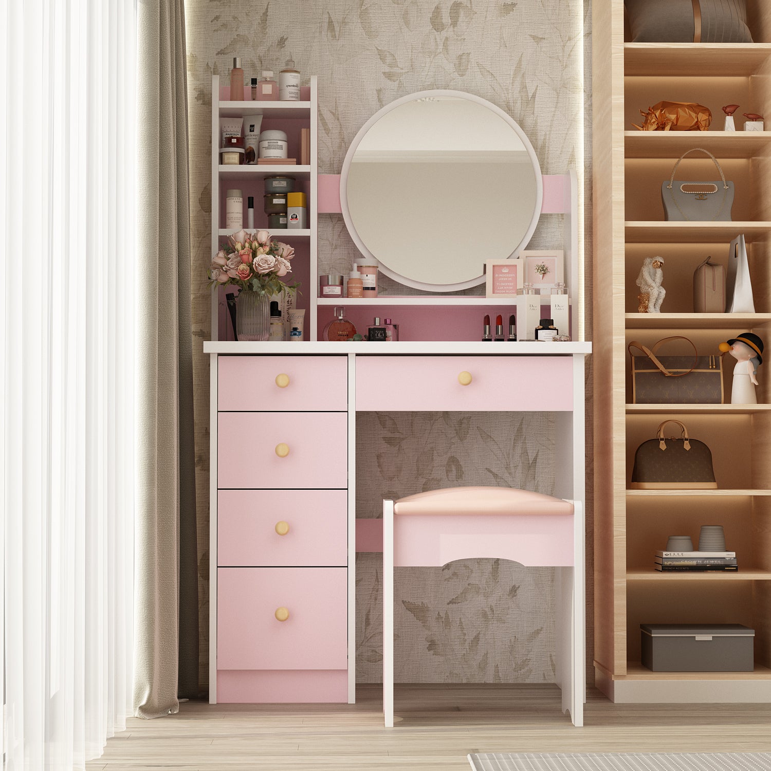 Makeup Vanity Set with Cushioned Stool, 5 Drawers & Display Shelves