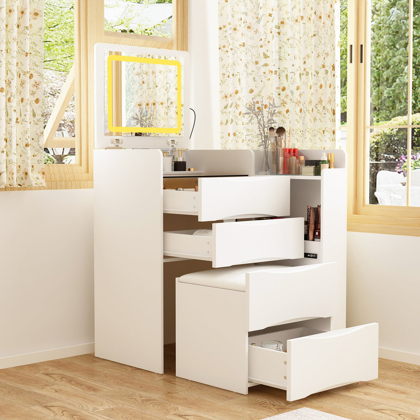 24.1" Modern White 3 Drawers Flip Top Makeup Vanity Table with Storage Stool