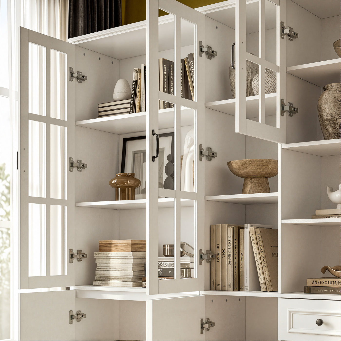 Sofna 94.5" Modern White Tall Display Bookcase with 6 Tiers & Gold Arched Handles