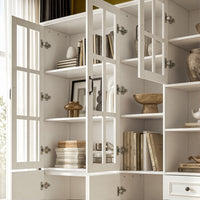 Sofna 94.5" Modern White Tall Display Bookcase with 6 Tiers & Gold Arched Handles